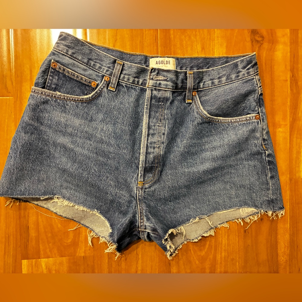 Agolde Blue Denim Shorts with Distressed Hem NWT
